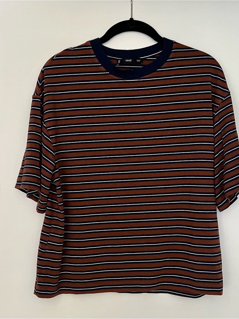 Mango Brown Navy White Striped Short Sleeve T shirt